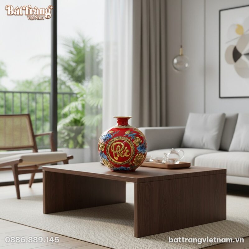 Bình hút lộc Hồ Lô màu đỏ nổi bật trên bàn trà ...