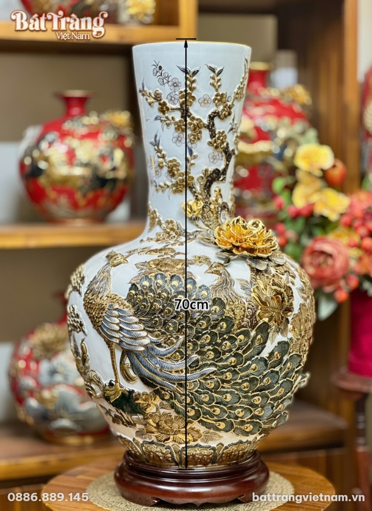 K&iacute;ch thước B&igrave;nh tỏi đại hoạ tiết c&ocirc;ng đ&agrave;o đắp nổi vẽ v&agrave;ng 24k BT-TB14