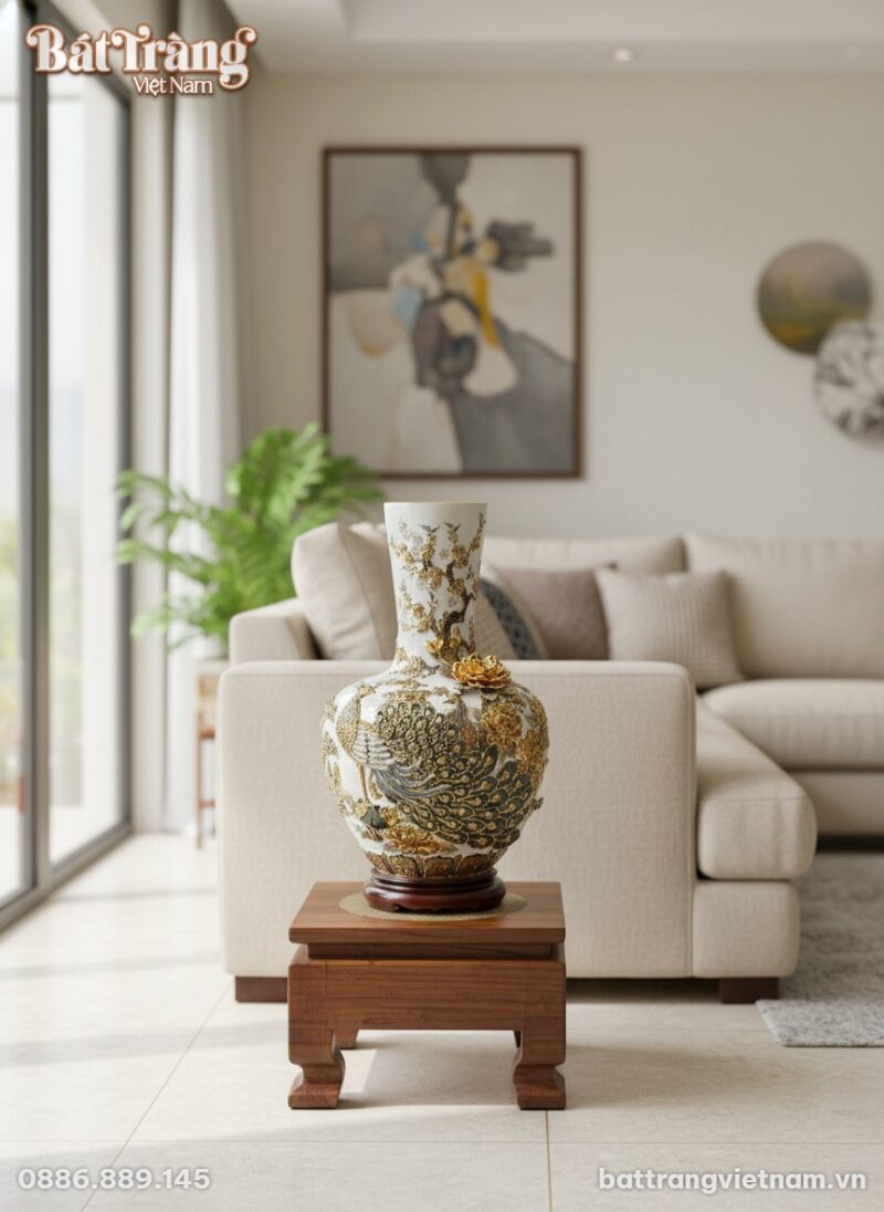 Bình tỏi gốm sứ Bát Tràng 70cm đặt trên đôn gỗ ...