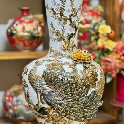 Kích thước Bình tỏi đại hoạ tiết công đào đắp nổi vẽ vàng 24k BT-TB14