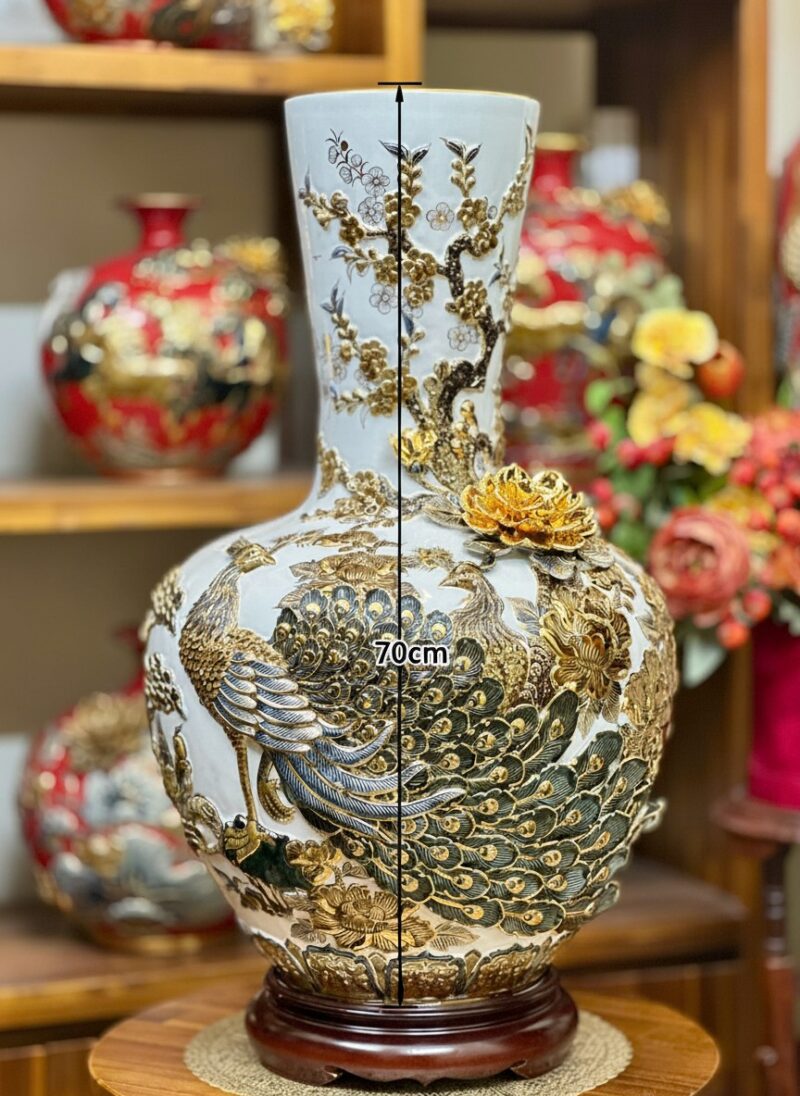 Kích thước Bình tỏi đại hoạ tiết công đào đắp nổi vẽ vàng 24k BT-TB14