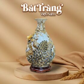Bình tỏi tỳ bà hoạ tiết công đào đắp nổi vẽ vàng 24k BT-LTB04