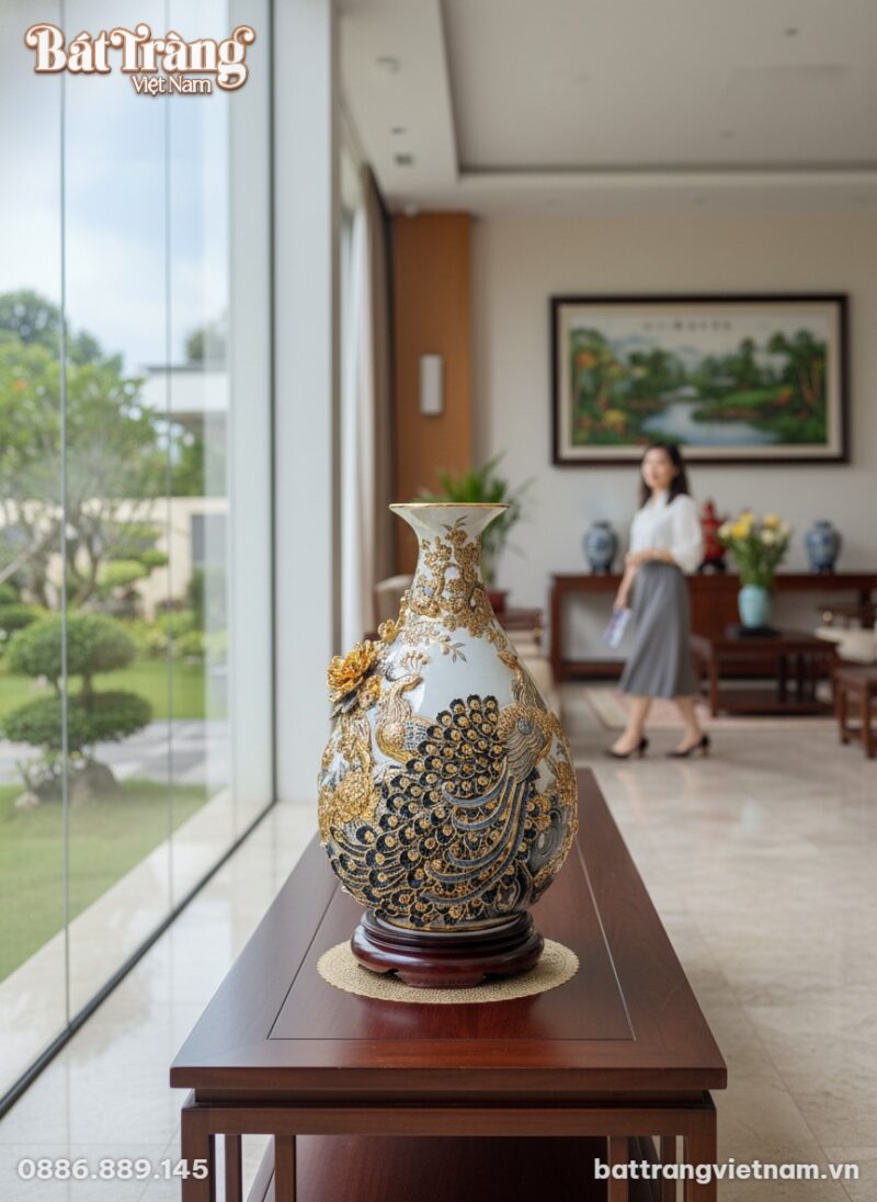 Bình tỳ bà gốm sứ Bát Tràng cao 55cm, rực rỡ vớ...