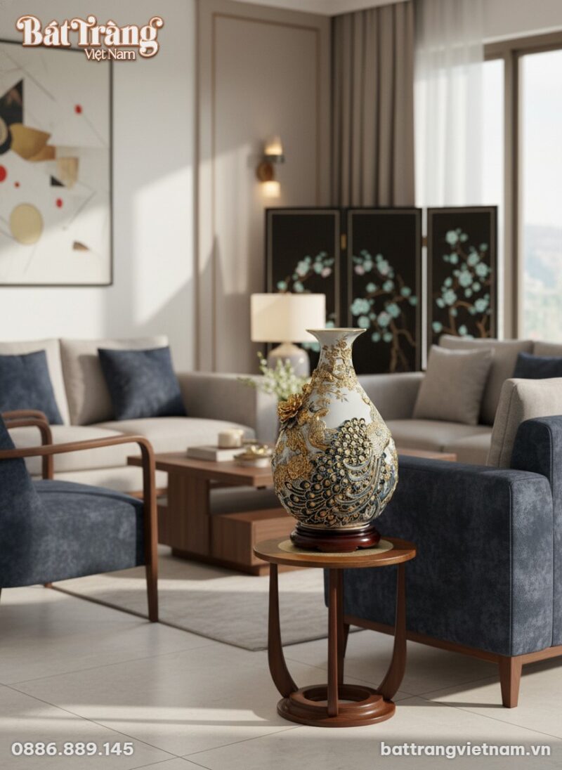 Một bình tỳ bà gốm sứ Bát Tràng cao 55cm với họ...