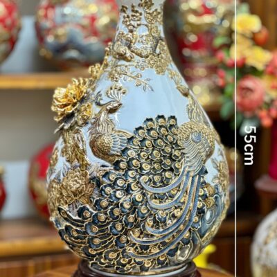 Kích thước Bình tỏi tỳ bà hoạ tiết công đào đắp nổi vẽ vàng 24k BT-LTB04