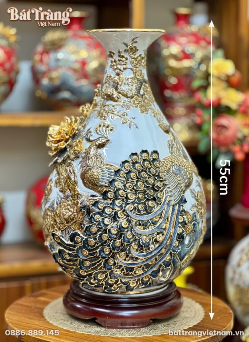 Kích thước Bình tỏi tỳ bà hoạ tiết công đào đắp nổi vẽ vàng 24k BT-LTB04