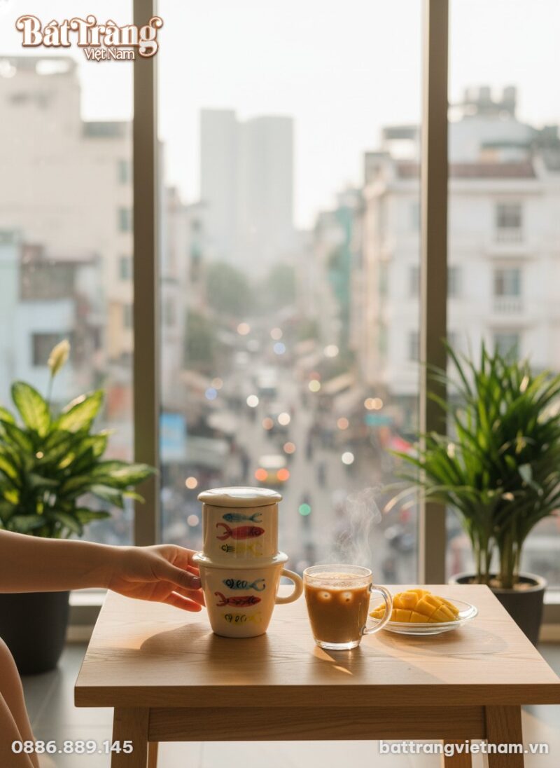 Một bộ phin cà phê gốm Bát Tràng họa tiết cá đặ...