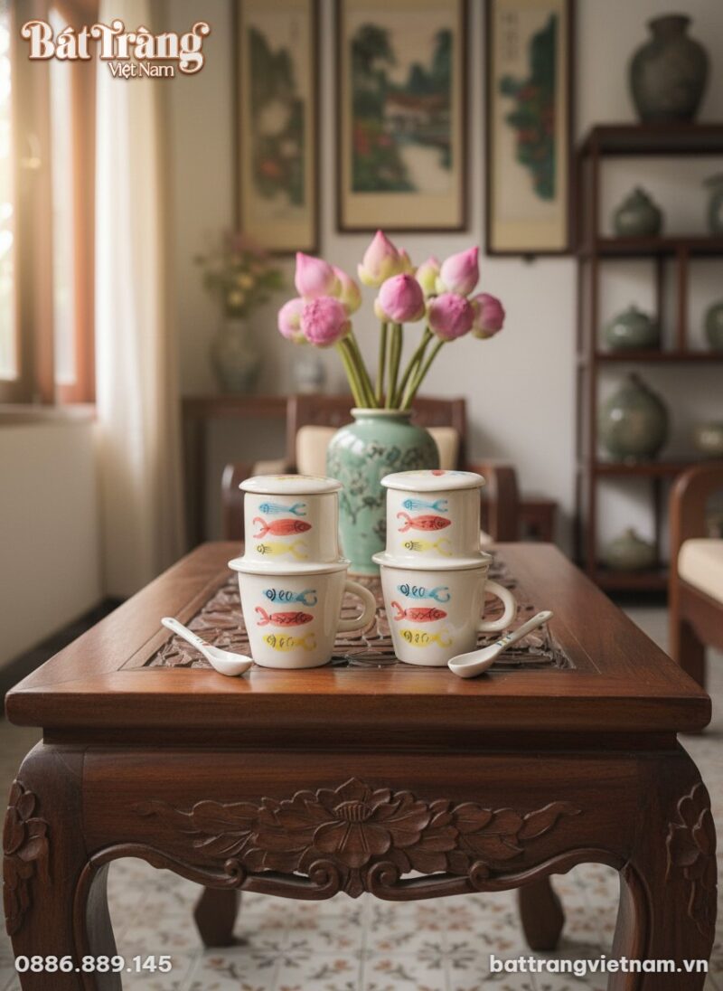 Bộ phin cà phê cá men trắng bóng kèm thìa đặt t...