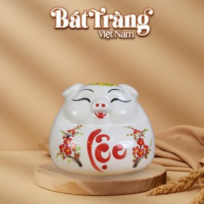 Ống tiết kiệm heo phệ mắt hip ngồi màu trắng chữ lộc BT-HĐ09