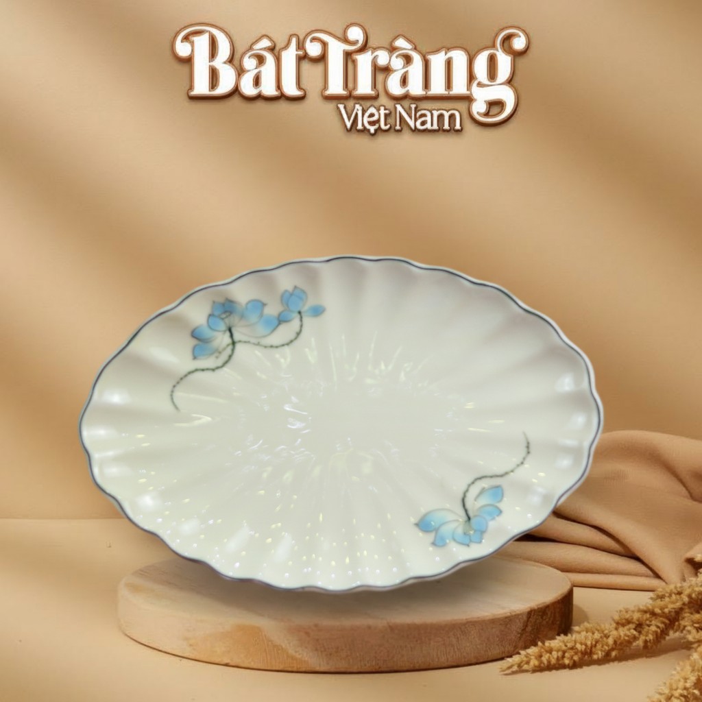 Đĩa bầu dục gợn sóng hoạ tiết sen xanh BT-BD116