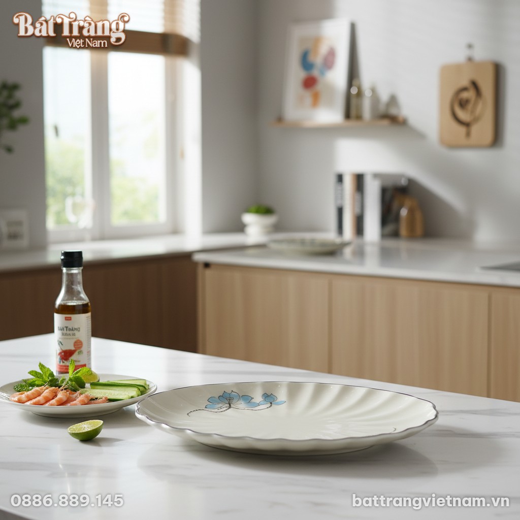 Chiếc đĩa bầu dục gợn sóng họa tiết sen xanh BT...