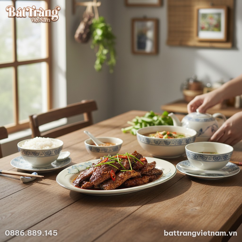 Đĩa bầu dục sen xanh Bát Tràng tinh tế trên bàn...