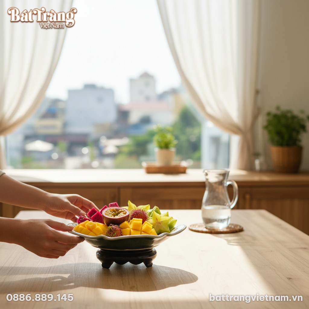 Một chiếc đĩa gốm sứ Bát Tràng họa tiết bèo xan...