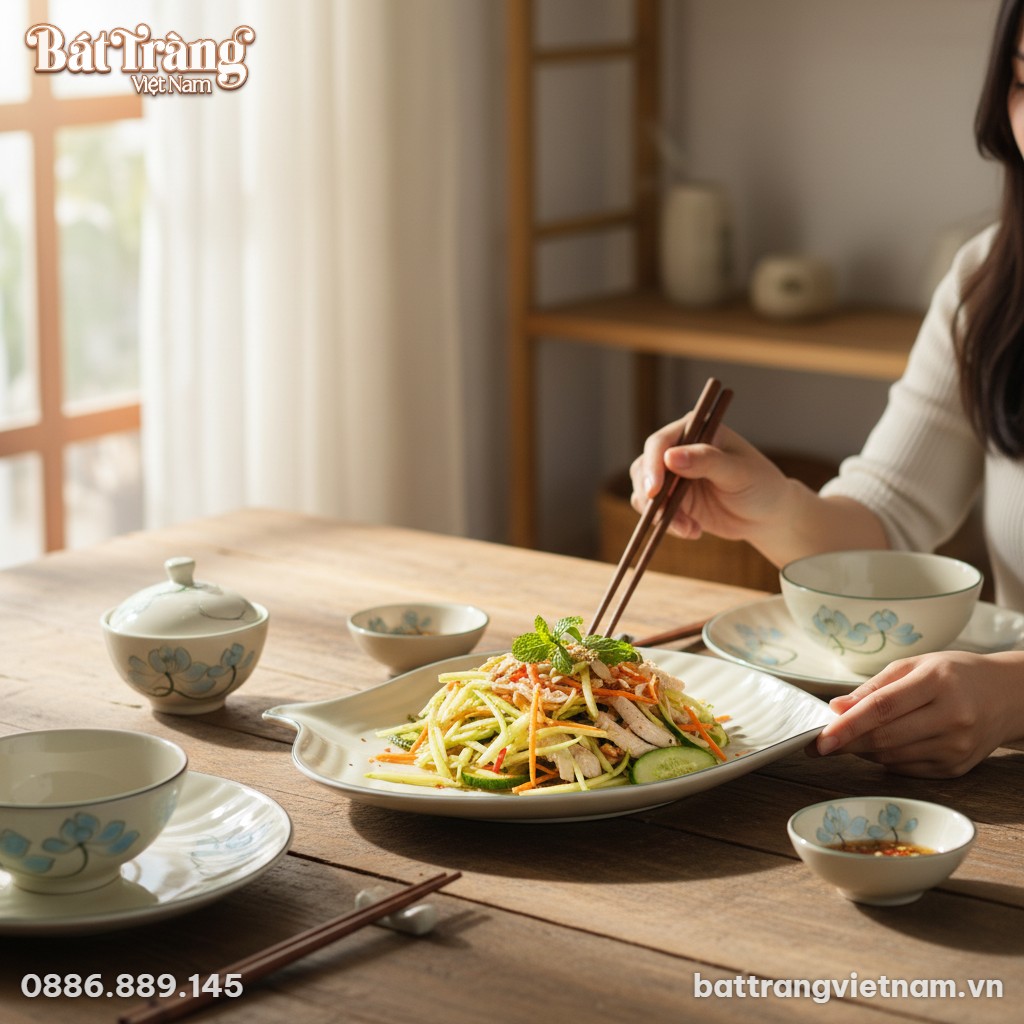 Một chiếc đĩa sen xanh B&aacute;t Tr&agrave;ng chứa m&oacute;n gỏi t...