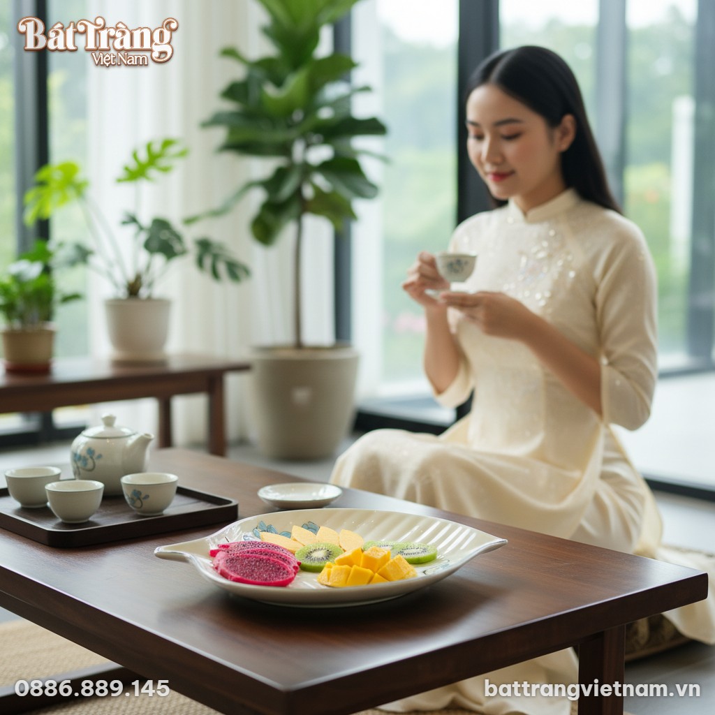 Chiếc đĩa chiếc l&aacute; hoạ tiết sen xanh B&aacute;t Tr&agrave;ng ...