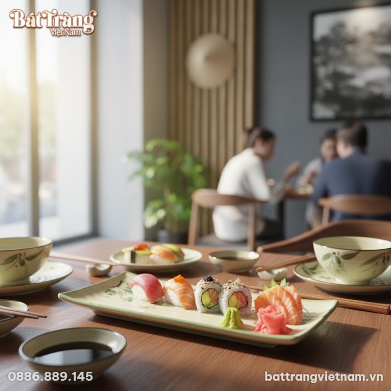 Cận cảnh đĩa chữ nhật gốm sứ Bát Tràng họa tiết...