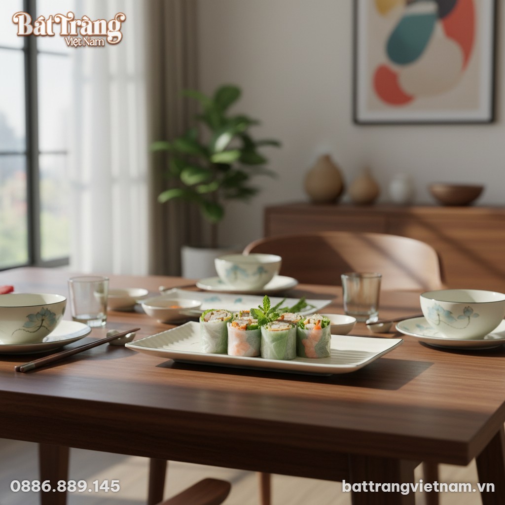 Đĩa chữ nhật gợn s&oacute;ng hoạ tiết sen xanh b&agrave;y tr&iacute;...