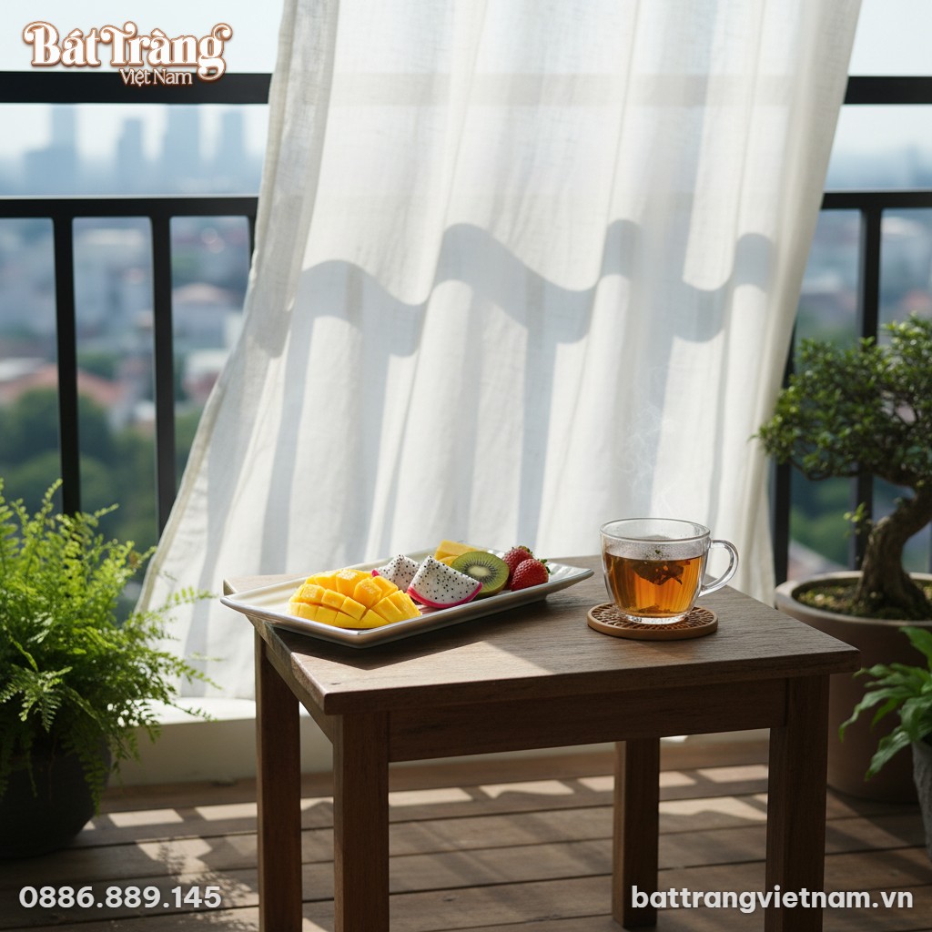 Đĩa chữ nhật gợn s&oacute;ng hoạ tiết sen xanh đặt tr&ecirc;...