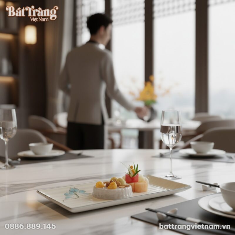 Chiếc đĩa gốm sen xanh chứa món tráng miệng đẹp...