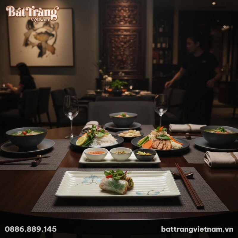 Đĩa chữ nhật gợn sóng hoạ tiết sen xanh đặt trê...