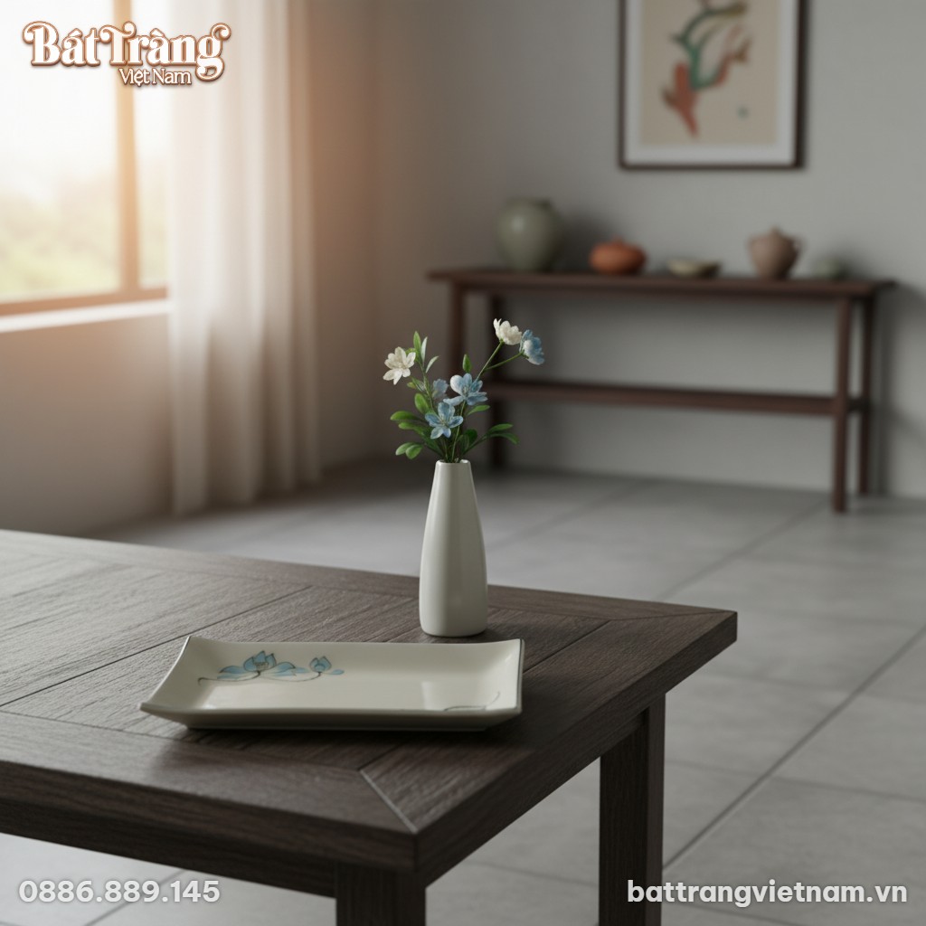 Cận cảnh đĩa chữ nhật hoạ tiết sen xanh B&aacute;t Tr&agrave;...