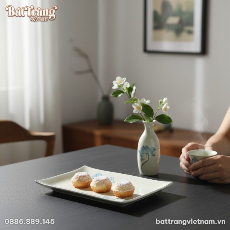 Cận cảnh đĩa chữ nhật hoạ tiết sen xanh Bát Trà...