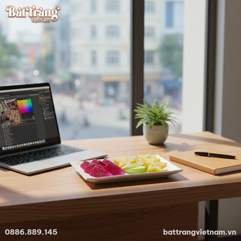 Đĩa chữ nhật hoạ tiết sen xanh Bát Tràng trên b...