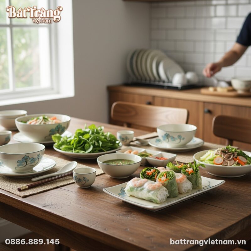 Đĩa chữ nhật hoạ tiết sen xanh Bát Tràng trên b...