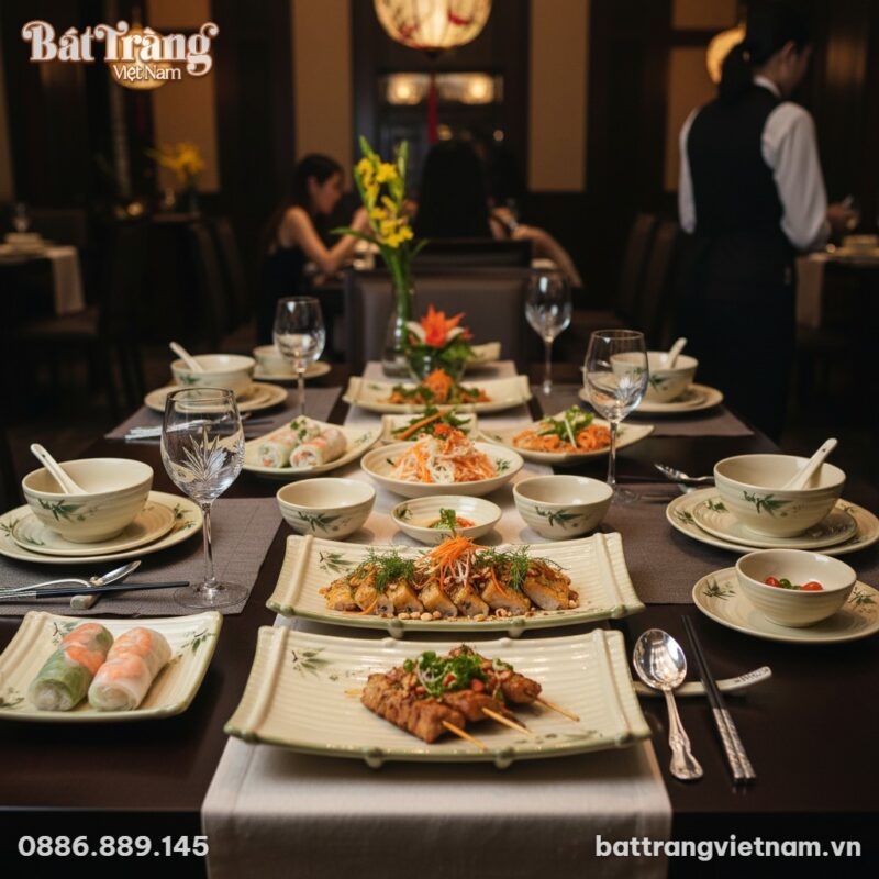 Đĩa dáng thuyền gốm sứ Bát Tràng men kem họa ti...