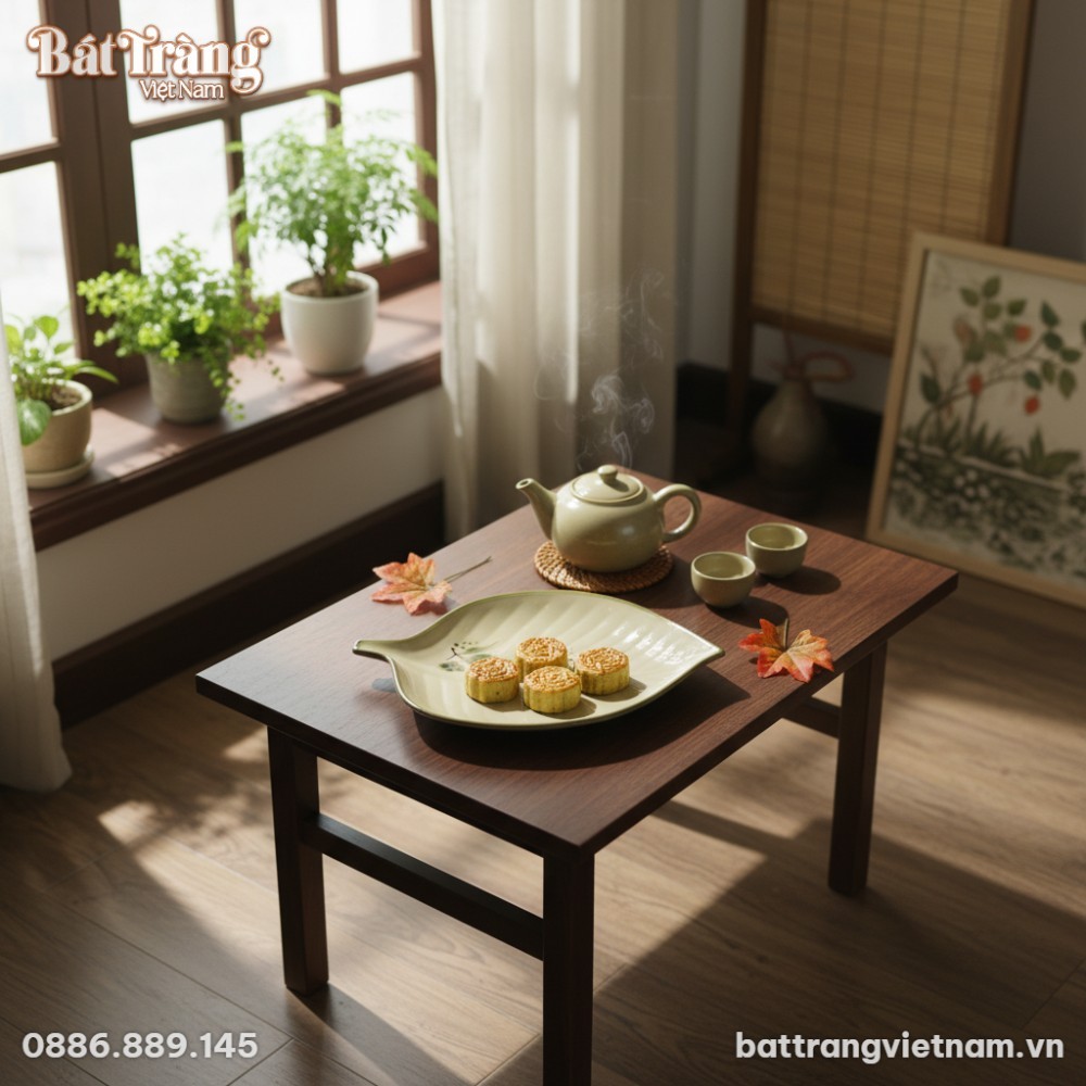 Đĩa gốm B&aacute;t Tr&agrave;ng h&igrave;nh l&aacute; dong trang tr&iacute; tr&ecirc;n b...