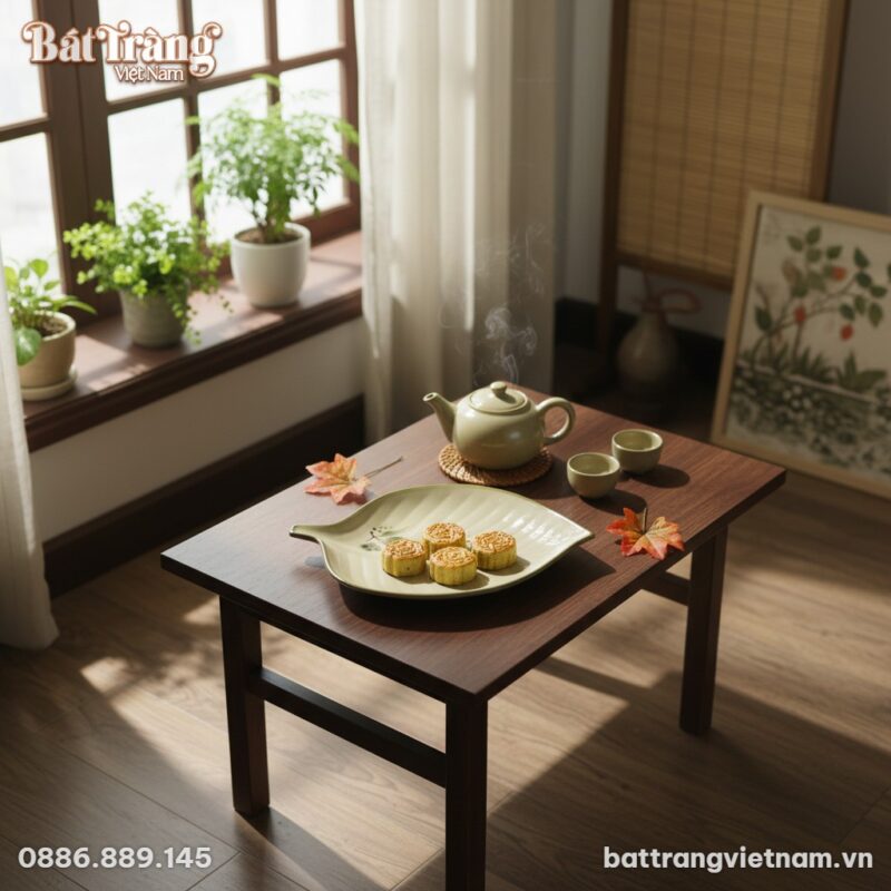 Đĩa gốm Bát Tràng hình lá dong trang trí trên b...