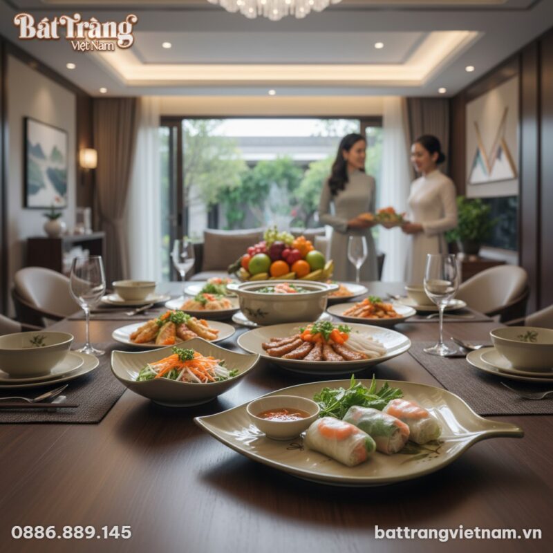 Đĩa gốm hình lá dong đang bày món khai vị trên ...