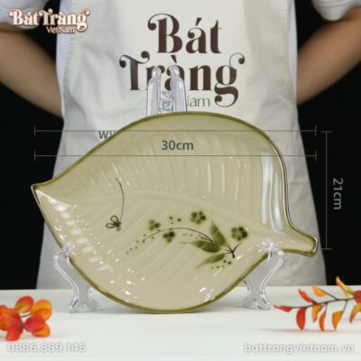 Kích thước Đĩa hình lá dong bộ bát đĩa hoạ tiết chuồn trúc BT-BD86
