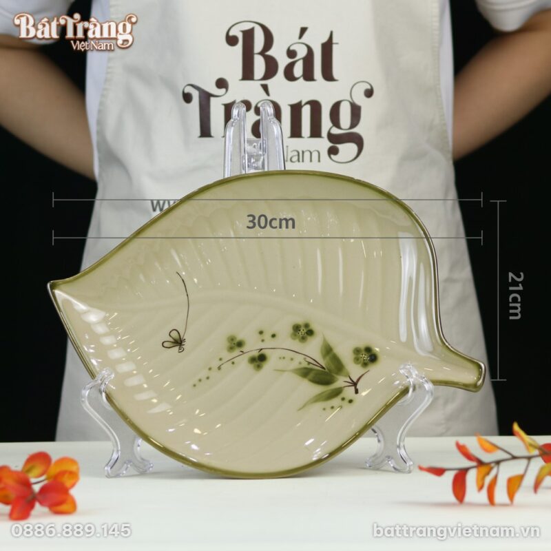 Kích thước Đĩa hình lá dong bộ bát đĩa hoạ tiết chuồn trúc BT-BD86