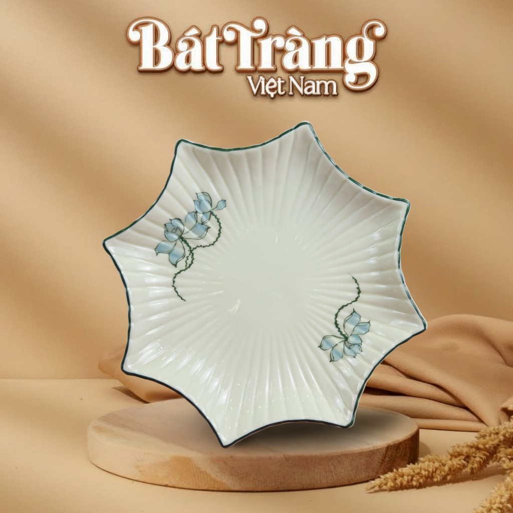 Đĩa hình sao sứ trắng hoạ tiết sen xanh Bát Tràng BT-BD108