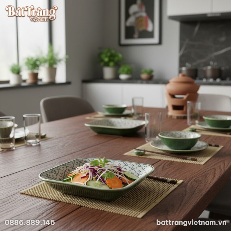 Cận cảnh đĩa sâu lòng gốm Bát Tràng 20x20cm với...