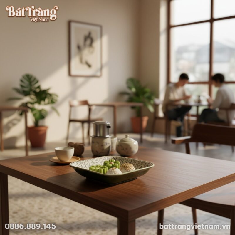 Đĩa sâu lòng gốm Bát Tràng 20x20cm bày món bánh...