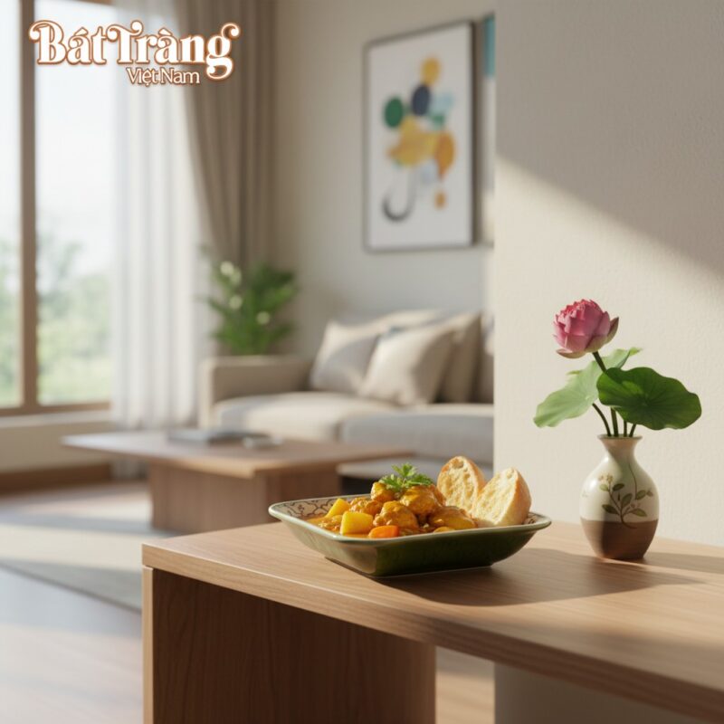 Đĩa sâu lòng gốm Bát Tràng 20x20cm với men lục ...