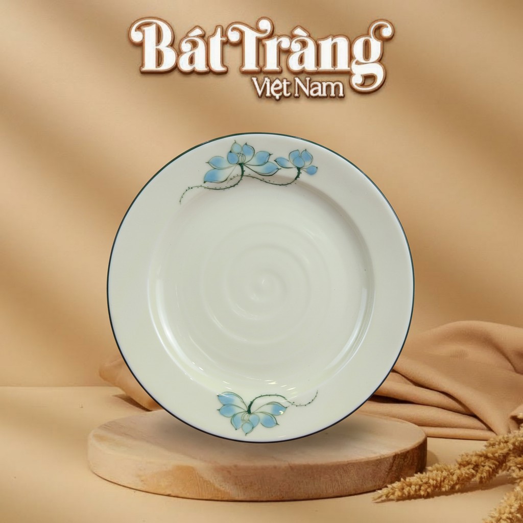 Đĩa tròn 2 lá sứ trắng hoạ tiết sen xanh BT-BD120