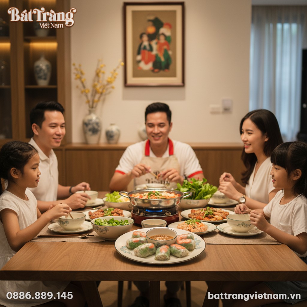 Một bữa cơm gia đình ấm áp trong không gian phò...