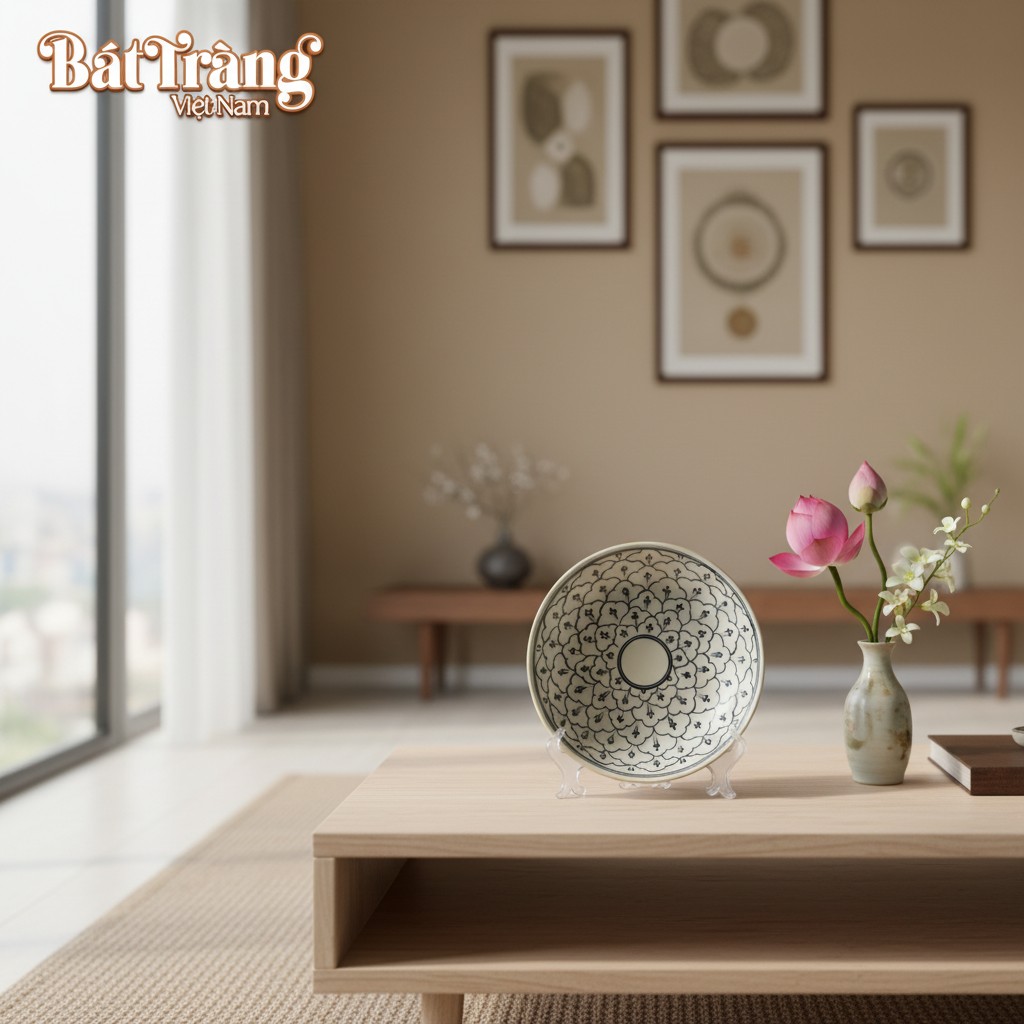 Một chiếc đĩa gốm Bát Tràng men kép, mặt sau xa...