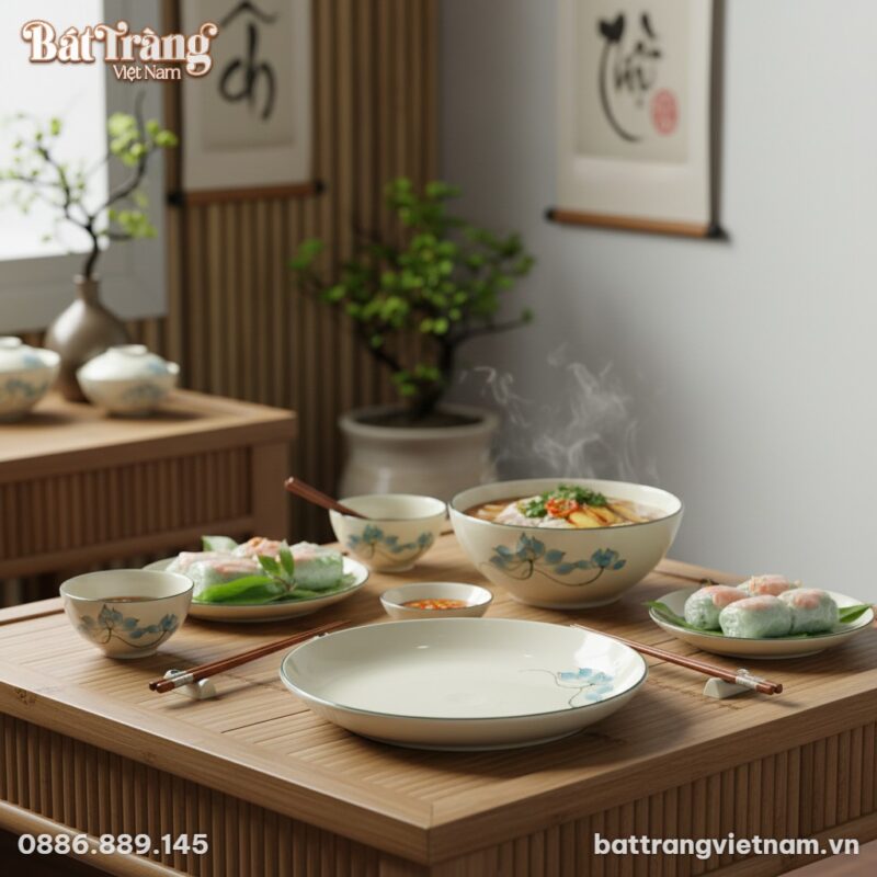 Cận cảnh đĩa sứ Bát Tràng hoạ tiết sen xanh vẽ ...