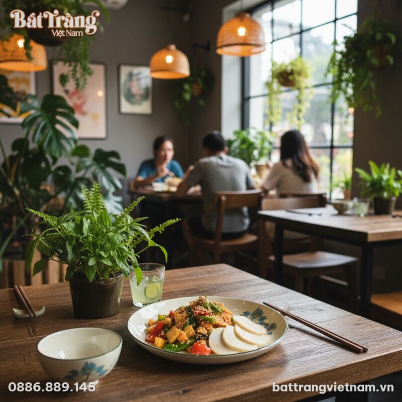 Một đĩa tròn Bát Tràng họa tiết sen xanh đựng m...