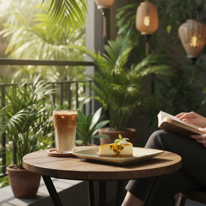 Góc ban công xanh mướt của một quán cà phê 'gar...