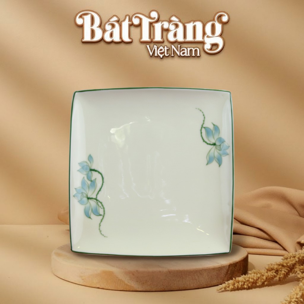 Đĩa vu&ocirc;ng sứ trắng hoạ tiết sen xanh BT-BD121