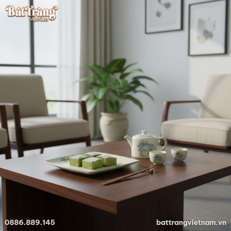 Đĩa vuông sứ sen xanh làm điểm nhấn trên bàn tr...