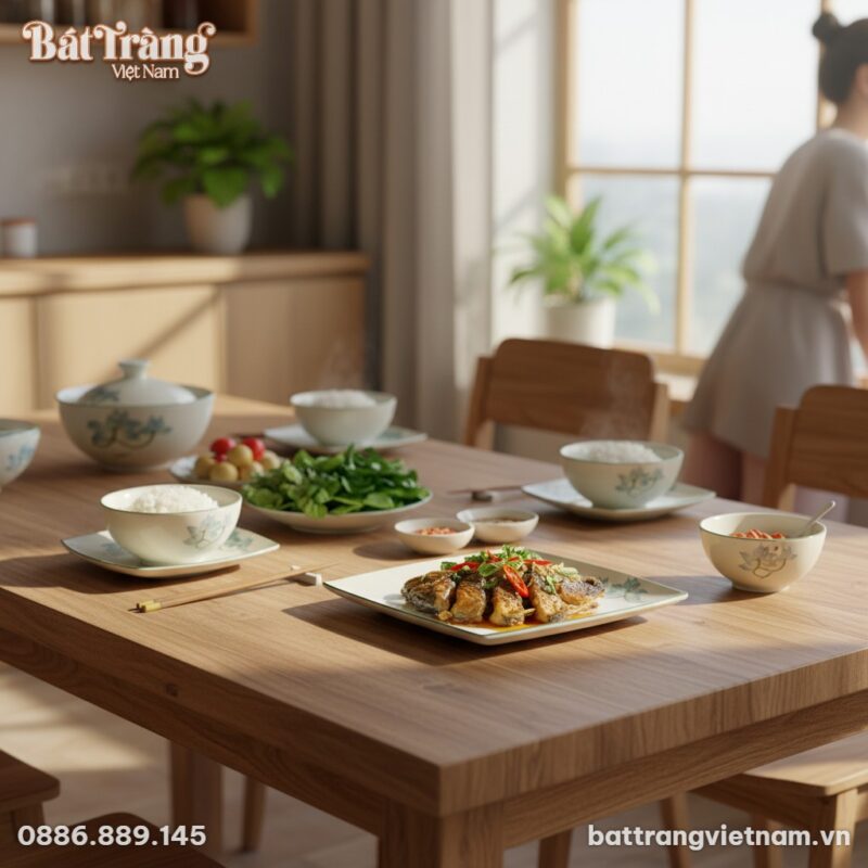 Đĩa vuông sứ sen xanh trên bàn ăn gỗ sồi, trong...