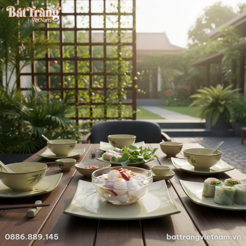 Một bàn ăn ngoài trời tại một khu vườn nhà Việt...