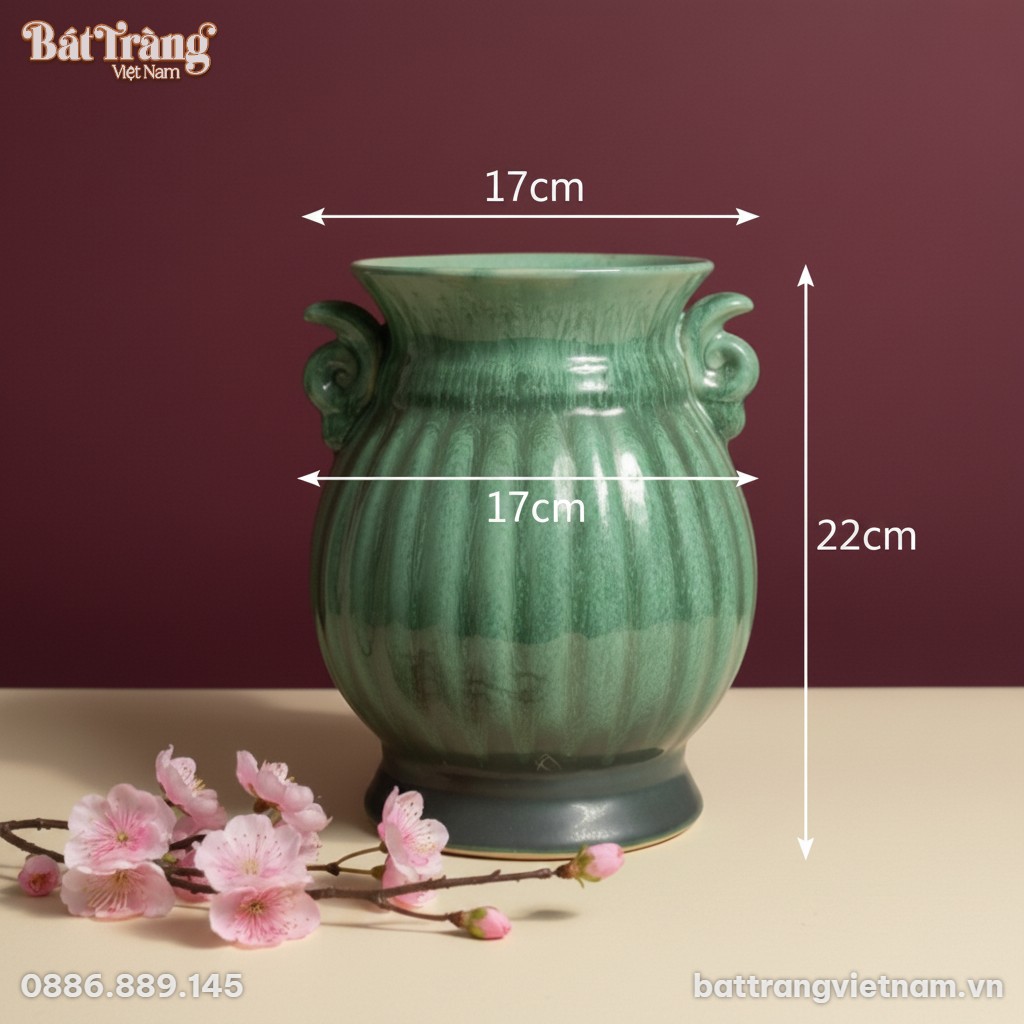 K&iacute;ch thước Lọ Hoa B&aacute;t Tr&agrave;ng Men Ngọc Xanh D&aacute;ng Bầu 2 quai BT-LHS44