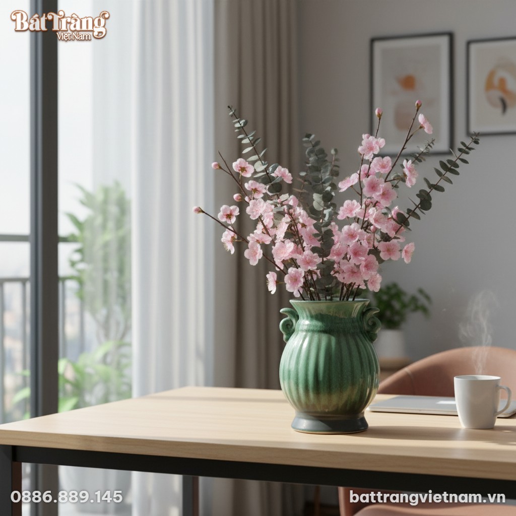 Lọ hoa men ngọc xanh d&aacute;ng bầu BT-LHS44 đặt tr&ecirc;n...